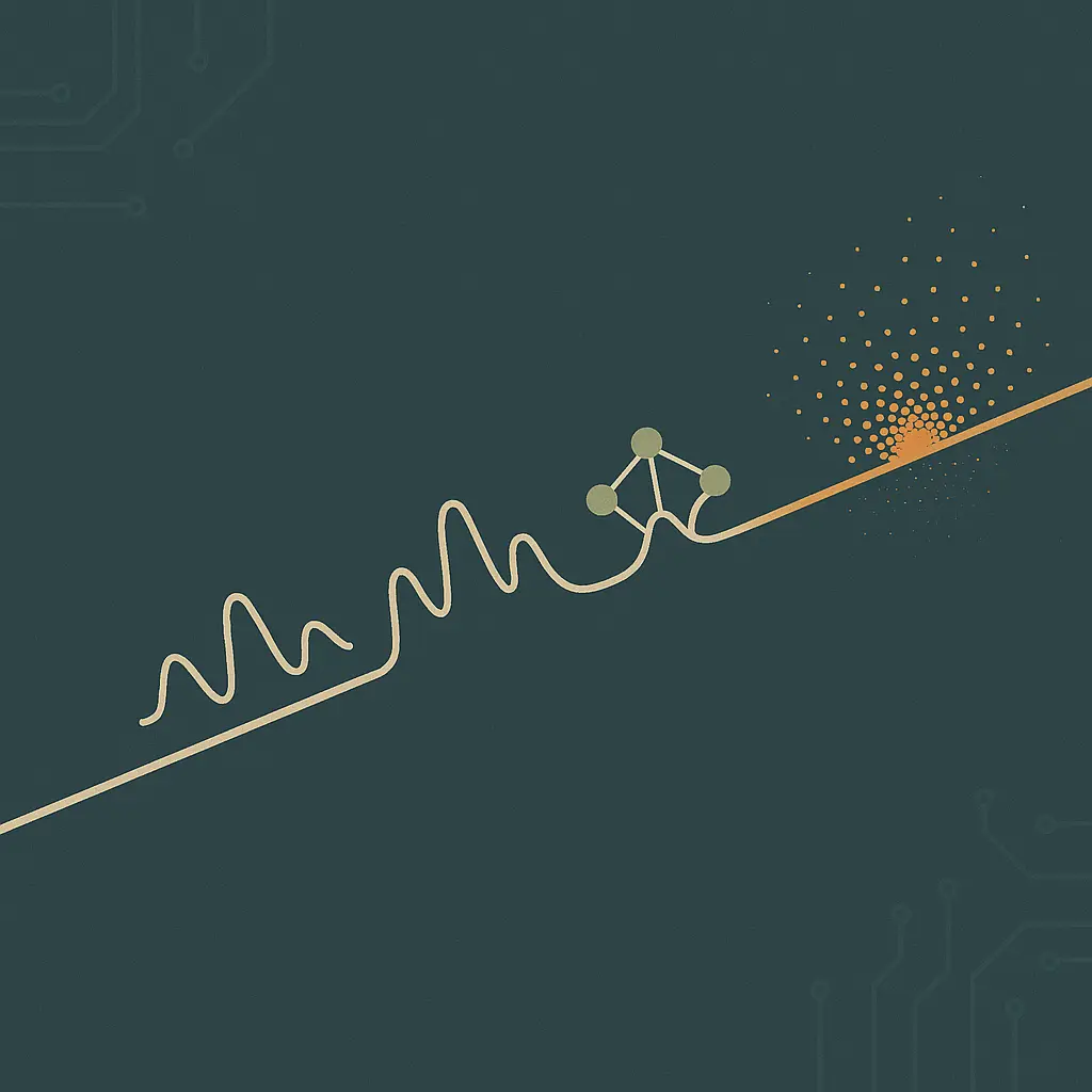 A timeline rendered as evenly spaced waveform pulses growing in complexity from left to right along a signal path, symbolizing the staged evolution of Whisper delivery on Azure