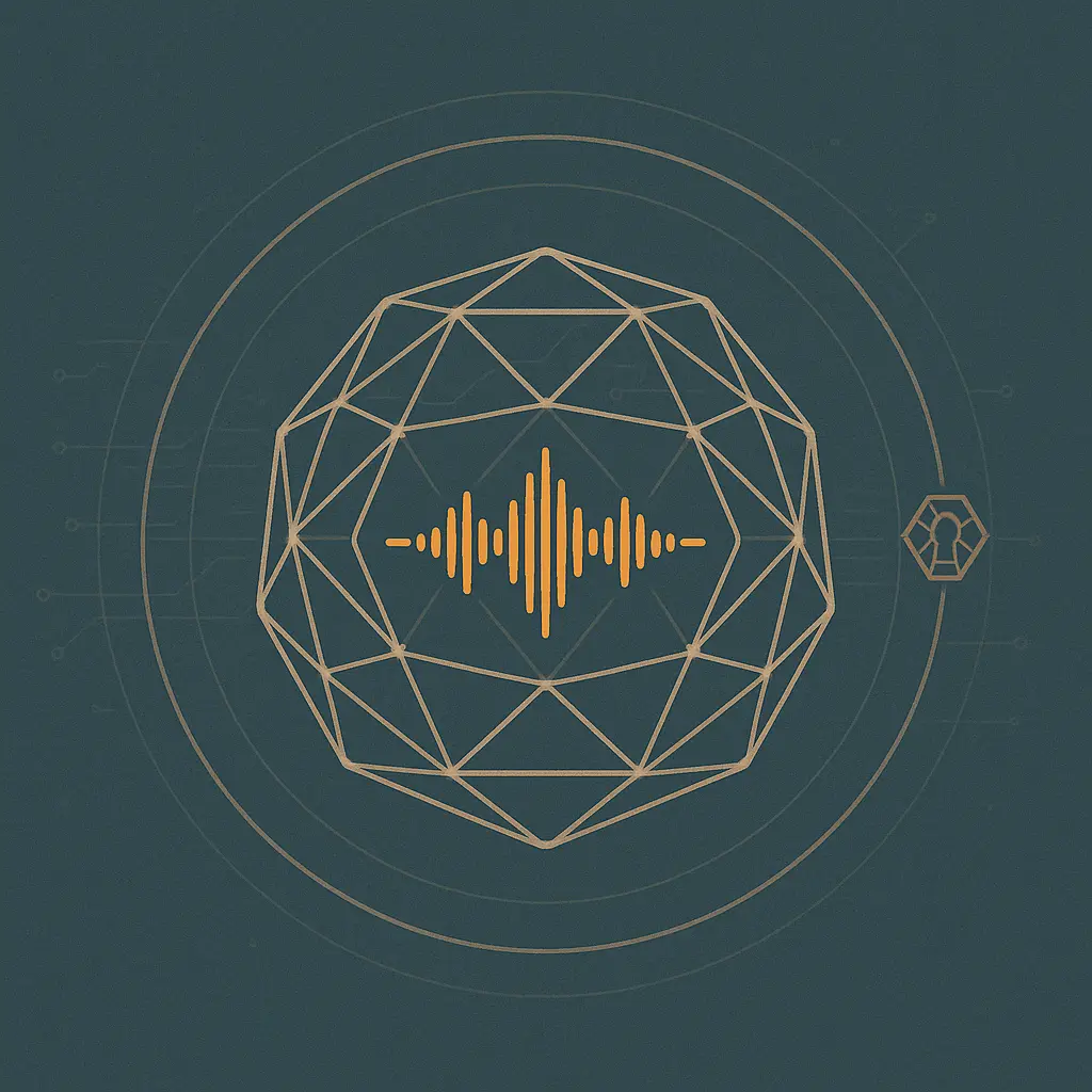 An abstract lattice shield woven from circuit traces enclosing a clean audio waveform, representing enterprise security and governance controls wrapped around a speech model