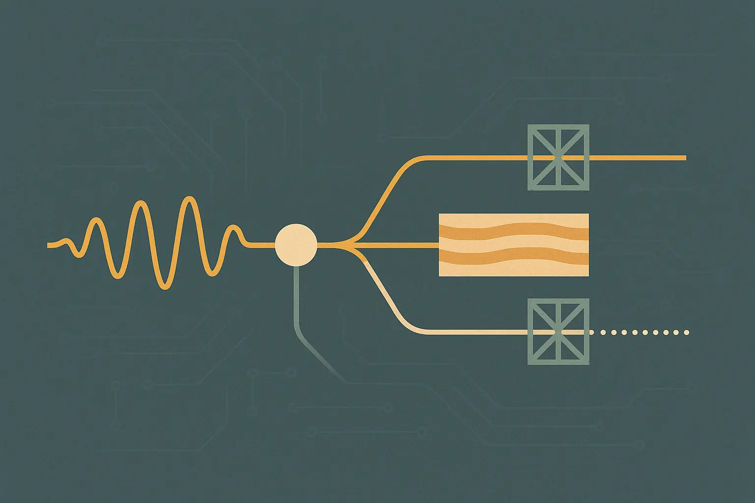 Abstract illustration of a single audio waveform splitting into multiple branching signal paths across a slate-teal field, representing one speech model delivered through several enterprise channels