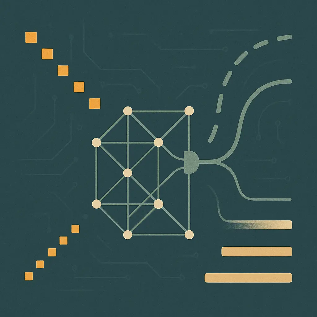 Abstract signal-flow diagram of audio chunks streaming through a lattice into partial and committed output paths