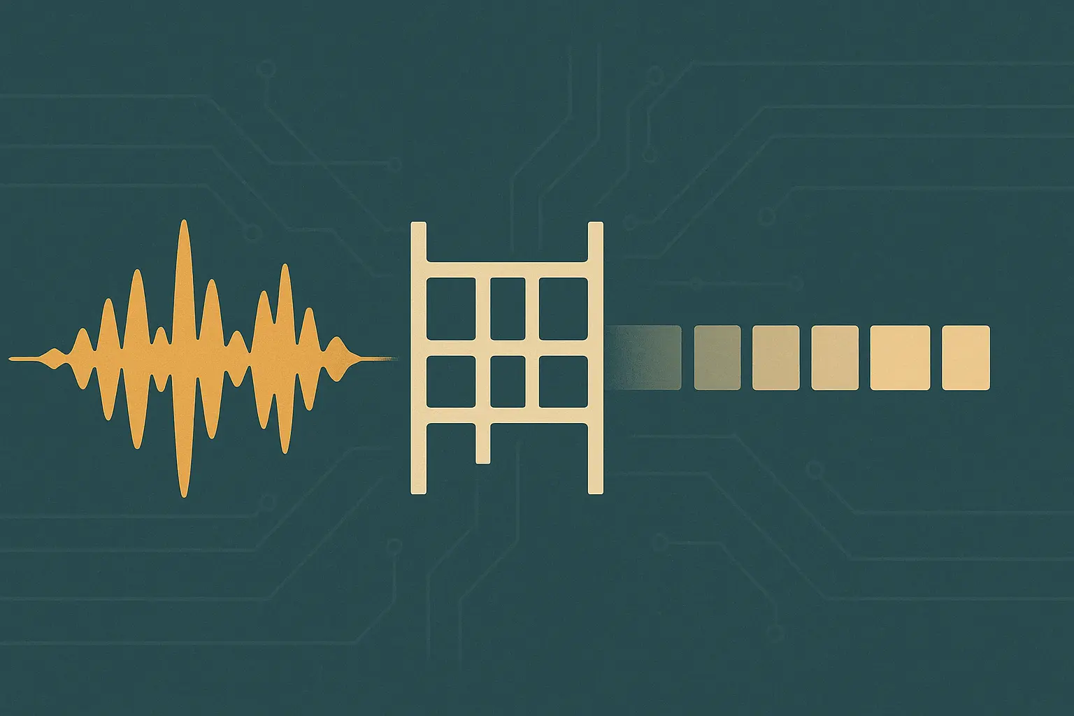 Abstract illustration of a live audio waveform resolving into committed signal blocks, in slate teal and amber