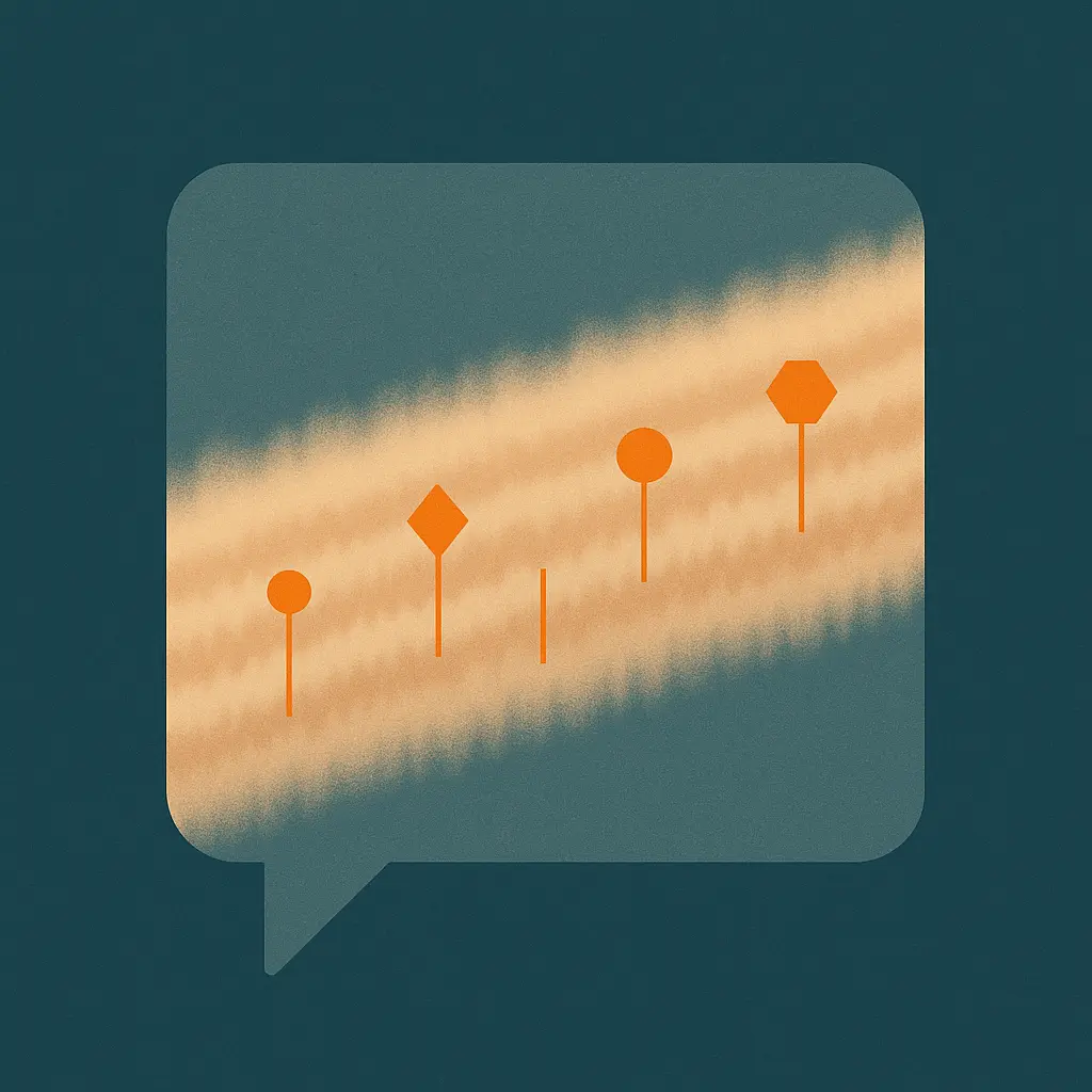 Abstract illustration of amber entity nodes standing out crisply along a long slate waveform, with blurred sections resolving into sharp geometric marks