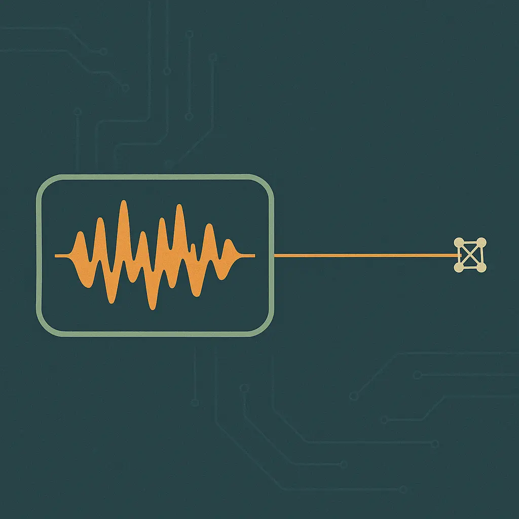 Abstract illustration of a sealed geometric container holding a waveform, with a single thin amber trace exiting toward a distant lattice, on a slate-teal field