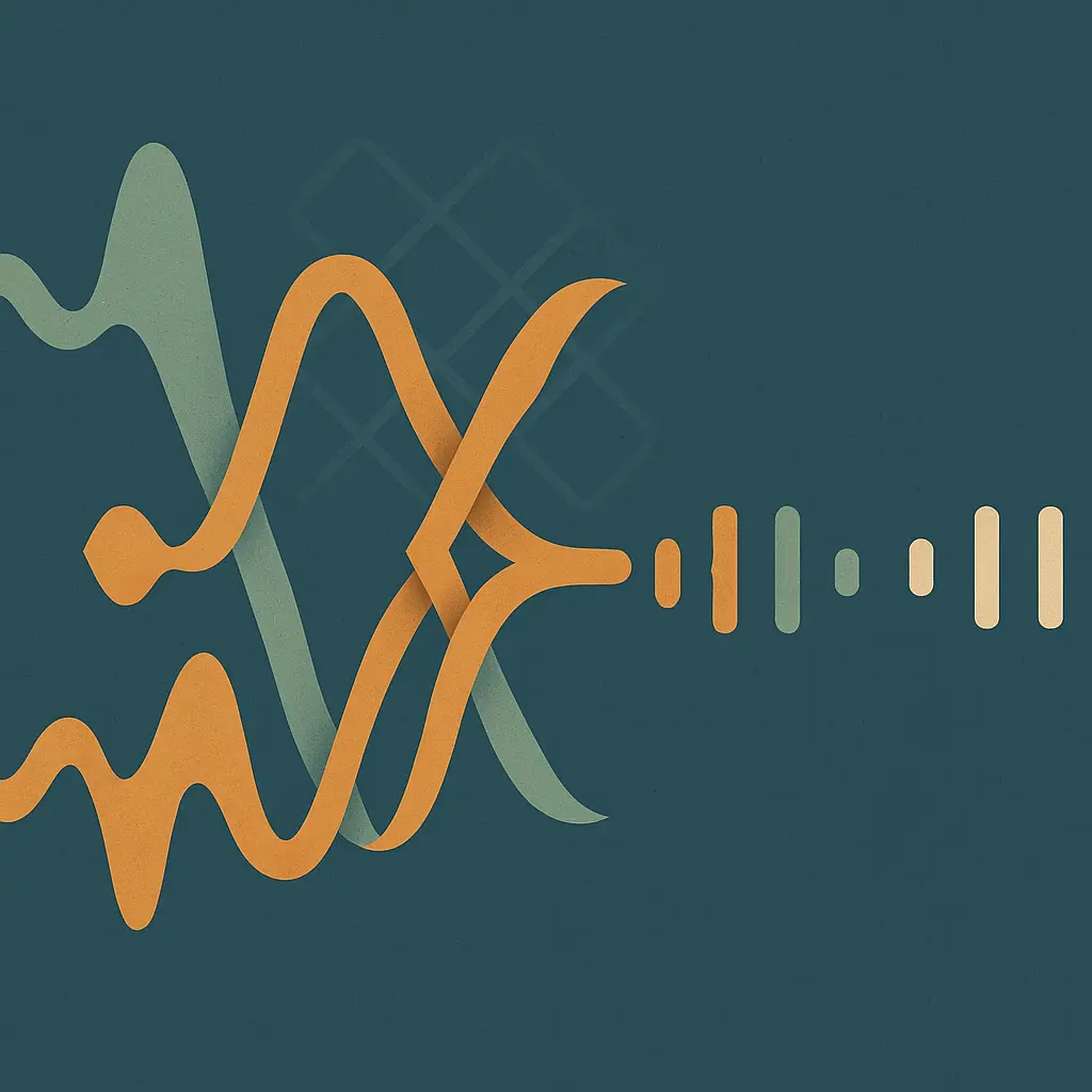 Abstract illustration of two interleaved waveform streams in sage and amber merging into a single ordered signal path across a slate-teal background