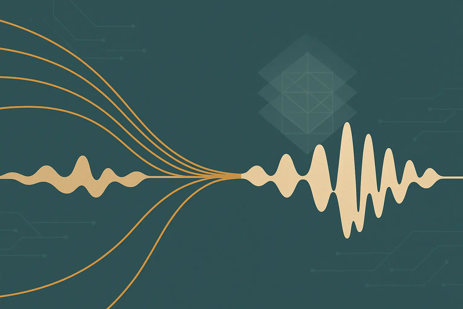 Abstract illustration of an audio waveform being reshaped by amber instruction lines flowing into a geometric lattice on a slate-teal background