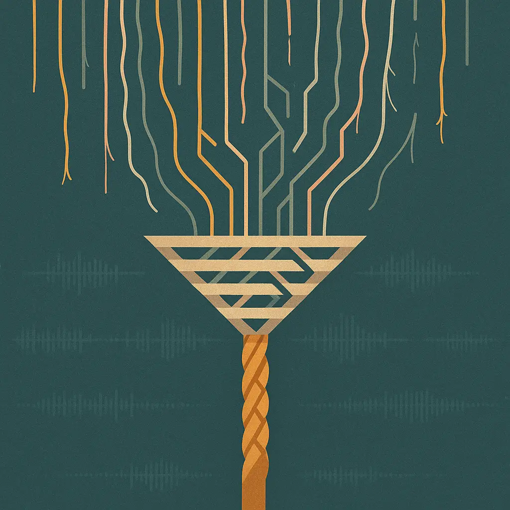 Abstract illustration of many uneven audio signal streams of varying thickness converging through a filtering funnel into a single dense channel