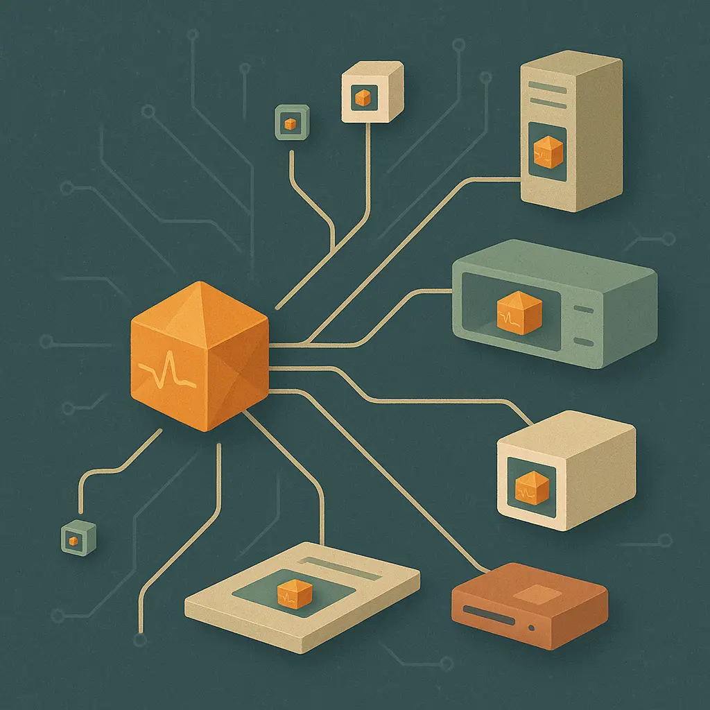 Abstract illustration of a single geometric module being replicated and repackaged into many differently shaped containers connected by signal-flow paths