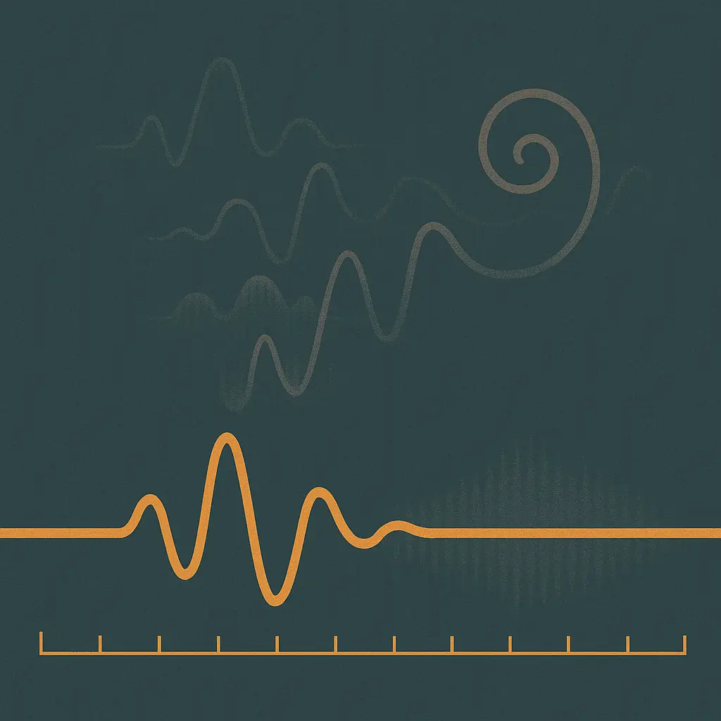 Abstract illustration of a clean transcription signal path with a few faint ghost traces diverging from it into empty space, suggesting hallucinated output