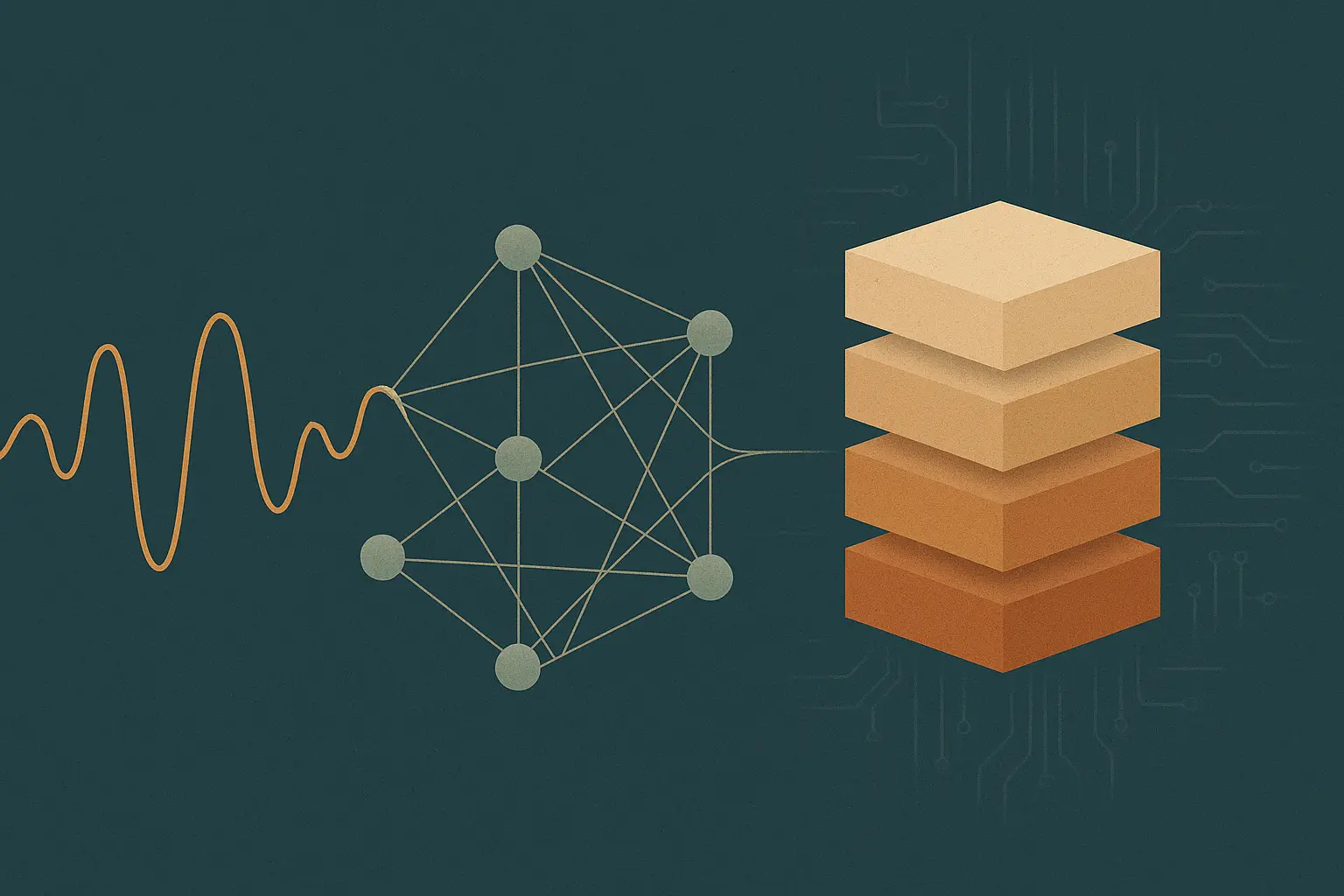 Abstract illustration of an audio waveform passing through an open lattice structure and emerging as layered infrastructure blocks
